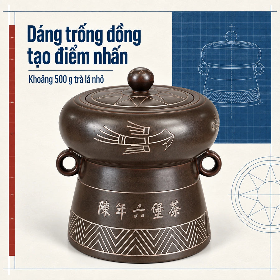 陶礼【大铜鼓】陶礼广西钦州坭兴陶茶叶罐陶瓷陶罐（小叶片茶500g） F01 Vietnamese