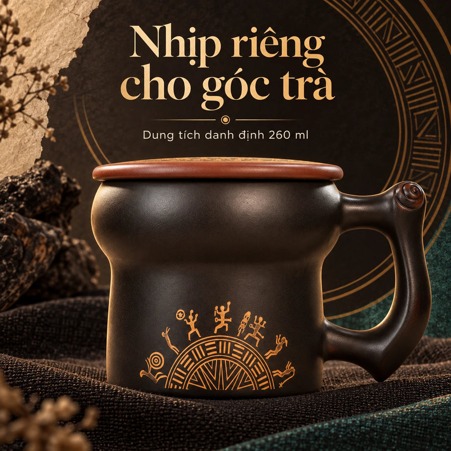 陶礼【铜鼓呈祥】广西钦州坭兴陶铜鼓水杯创意黑色复古家用260ml F01 Vietnamese