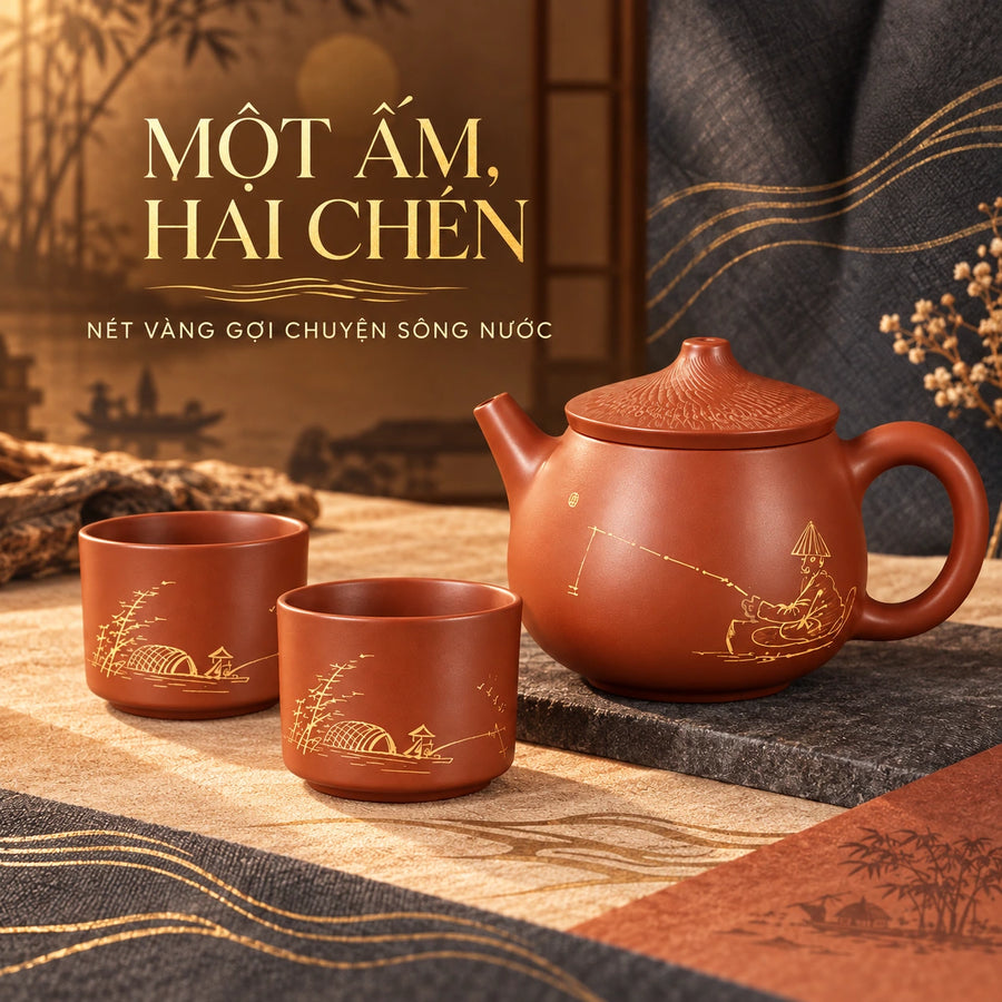 陶礼【渔翁】茶具刻字全手工制作茶具套装壶描金杯50ml高档家用 F01 Vietnamese