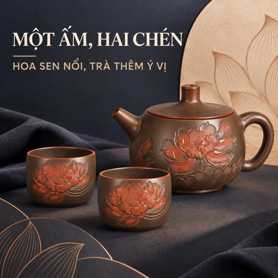 广西陶礼坭兴陶【莲年有余】纯手工制作一壶两杯套装壶200ml，杯50ml F01 Vietnamese