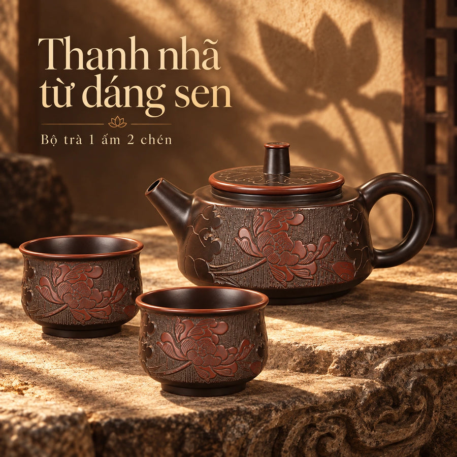 陶礼【清荷引露】广西钦州坭兴陶一壶两杯礼盒套组 F01 Vietnamese