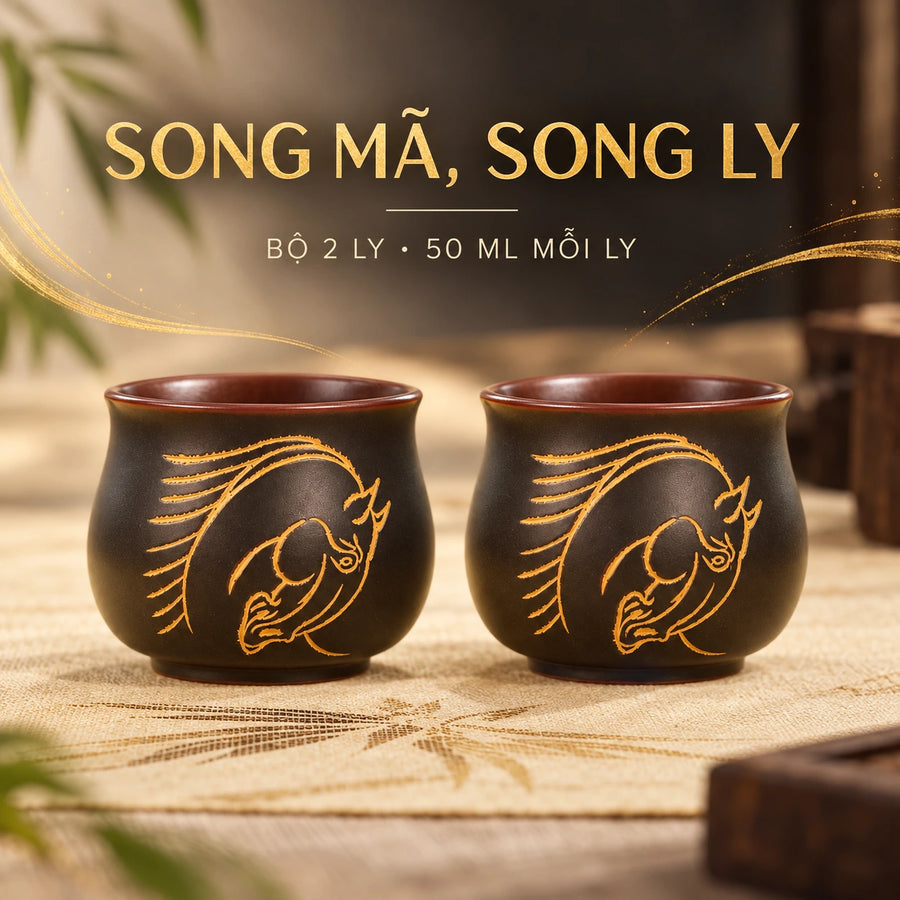 陶礼【马到成双】广西钦州坭兴陶茶杯刻字主人杯对杯描金双杯50ml*2 F01 Vietnamese