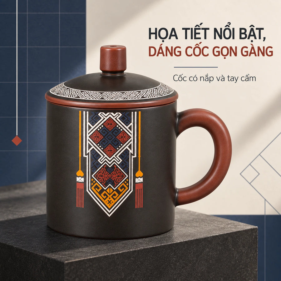 陶礼【锦澜】广西钦州坭兴陶壮锦雕刻彩色办公居家家用水杯400ml F01 Vietnamese