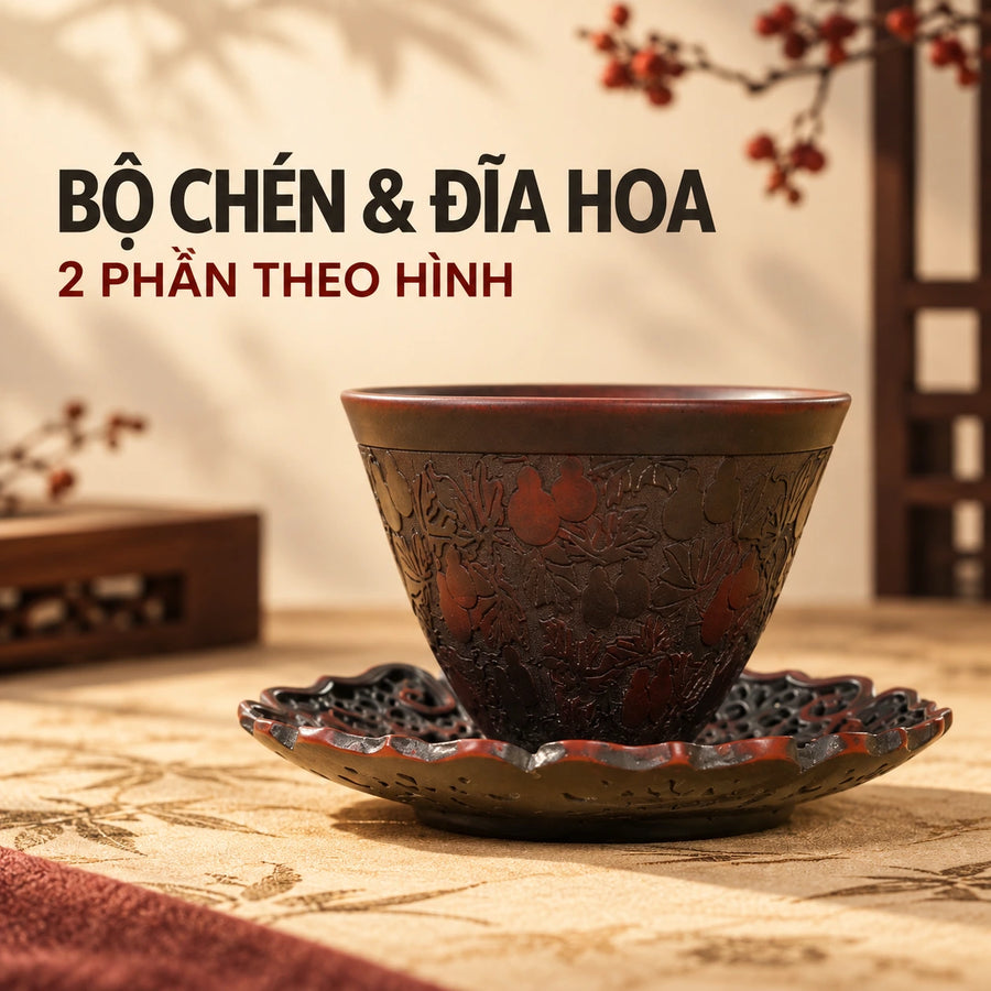 陶礼【剪影】广西钦州坭兴陶镂空浮雕葫芦雕刻杯垫主人杯套组 F01 Vietnamese