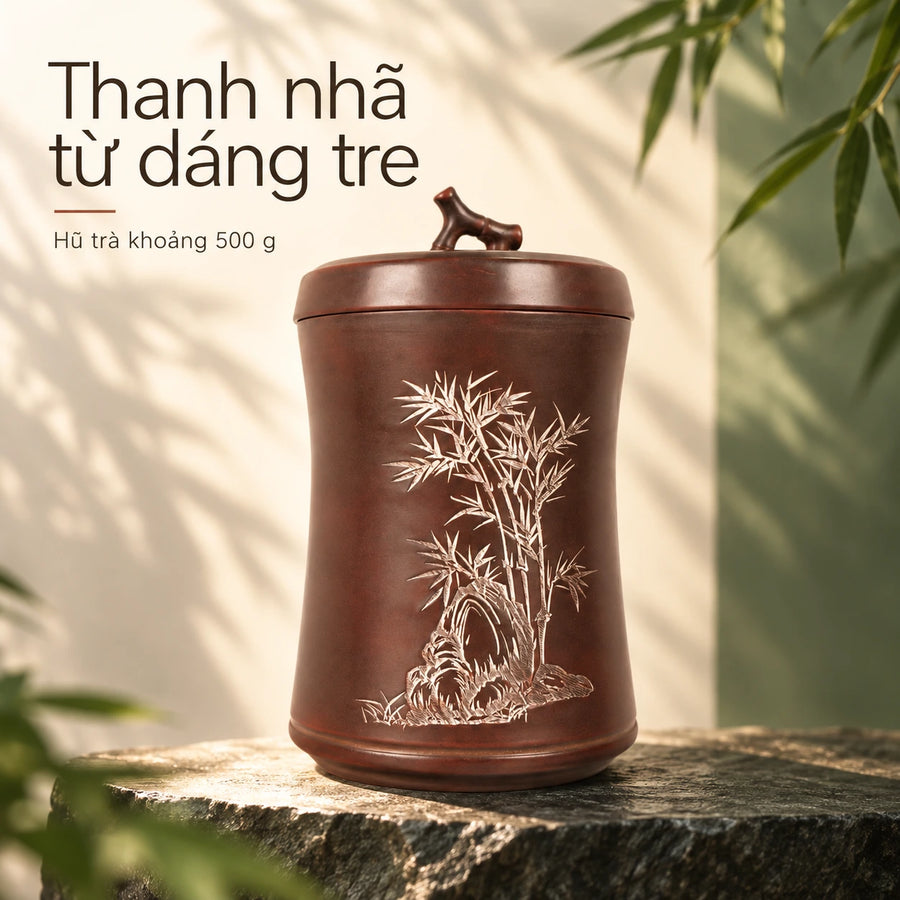 陶礼【竹韵】广西钦州坭兴陶500g茶叶储存竹节雕刻白泥填色茶叶罐 F01 Vietnamese