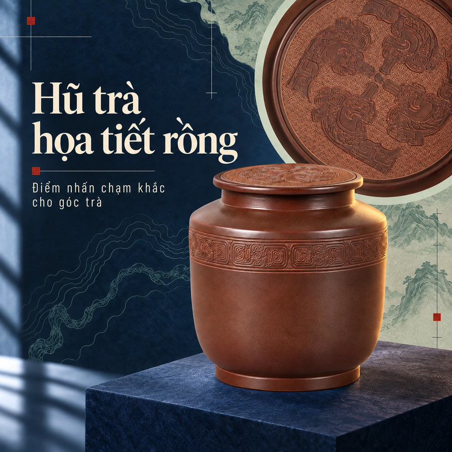 陶礼【龙腾】广西钦州坭兴陶400g龙纹四方腾龙雕刻茶叶罐茶道醒茶罐 F01 Vietnamese