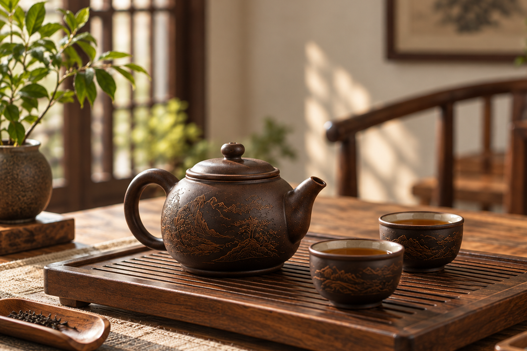 Ấm và chén Nê Hưng trên bàn trà trong không gian gia đình ấm áp